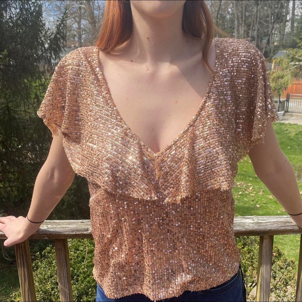 Zara Beige Pink Sequin Off the Shoulder Blouse